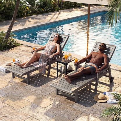 Outdoor Chaise Lounges, Patio Lounge Chair (Grey with Wheels, Set of 2) | Wood-Grain HDPE, 5-Position Recline, Lockable Wheels, Cup Holder, 450 lbs, Indoor/Outdoor