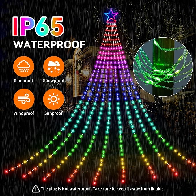 Christmas Decoration RGB String Lights, Outdoor Color Changing Christmas Lights 320 LED 16.4 Ft Star Tree Topper Fairy String Light with 8 Light Modes for Xmas New Year Holiday Garden Yard
