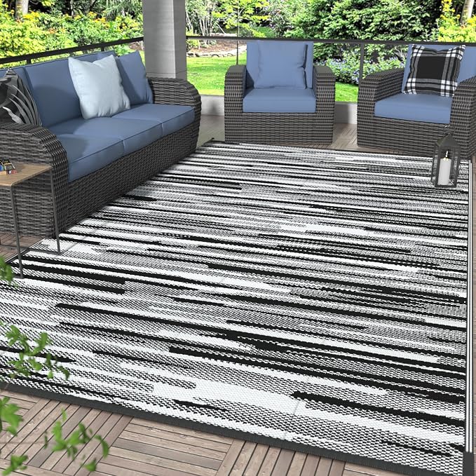 GENIMO Outdoor Rug, Waterproof Plastic Rugs for Patio, 9'x12' Onyx White | Outside Larger Modern Carpet Mat for Porch Decor, Deck, Balcony, Camping, RV, Backyard, Picnic, Beach, Reversible, Foldable