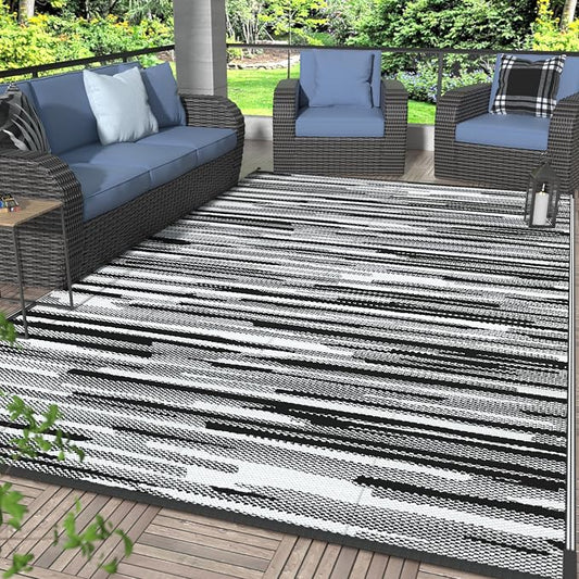 GENIMO Outdoor Rug, Waterproof Plastic Rugs for Patio, 9'x12' Onyx White | Outside Larger Modern Carpet Mat for Porch Decor, Deck, Balcony, Camping, RV, Backyard, Picnic, Beach, Reversible, Foldable