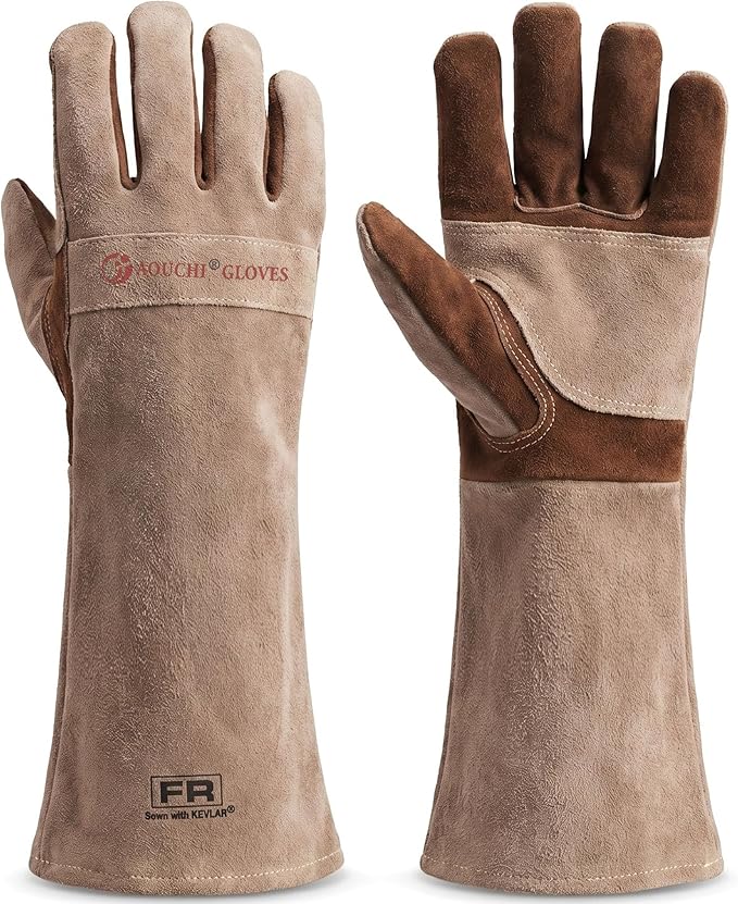 Leather Welding Gloves for Men – Long Fireproof & Heat Resistant Work Gloves for Welding, BBQ, Fireplace, Oven, Baking, Stove, Pot Handling, Yard Work, Thorn Proof (Brown, XL)