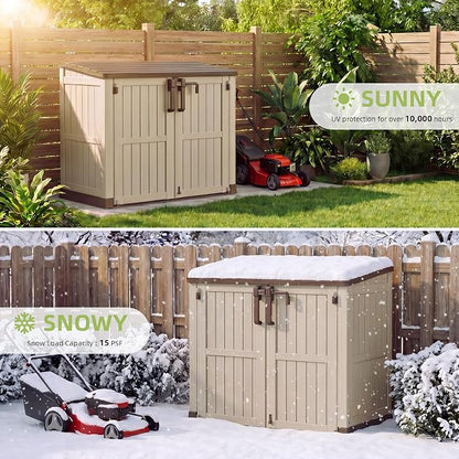 Outdoor Horizontal Resin Storage Box 36 Cu Ft with Lockable Doors, Portable Outdoor Storage Shed -Waterproof Outdoor Storage Cabinet for Garden Brown-Beige