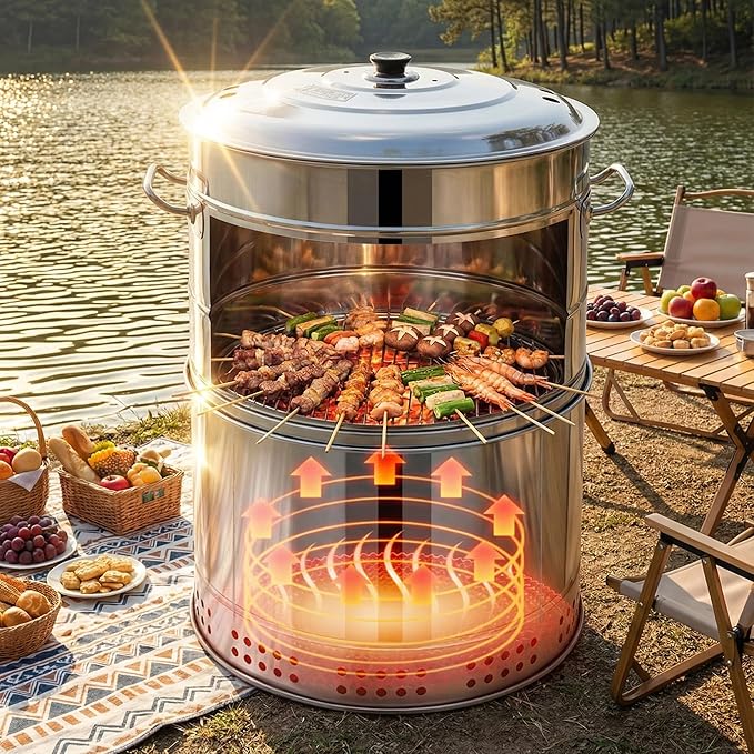 16" Stainless Steel Charcoal Grill, 50 Skewers Large Portable Smokeless BBQ Grill Barrel, 360 Heating, Barbecue Smoker Grilling Tool for Travel, Outdoor Cooking and BBQ