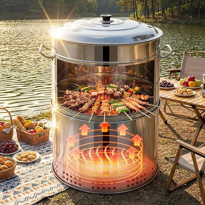 16" Stainless Steel Charcoal Grill, 50 Skewers Large Portable Smokeless BBQ Grill Barrel, 360 Heating, Barbecue Smoker Grilling Tool for Travel, Outdoor Cooking and BBQ