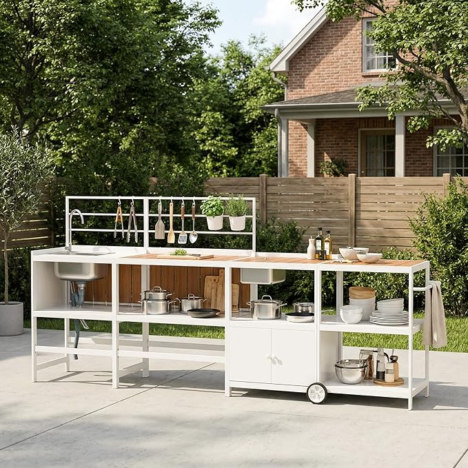 ENSTVER Modular Outdoor Kitchen with All-Aluminum Island & Cabinets, Stainless Steel Sink, Food-Safe Countertop, Outdoor Kitchen Island for Patio, Deck, Backyard,White