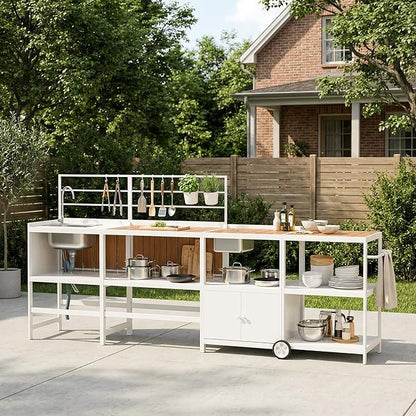 ENSTVER Modular Outdoor Kitchen with All-Aluminum Island & Cabinets, Stainless Steel Sink, Food-Safe Countertop, Outdoor Kitchen Island for Patio, Deck, Backyard,White