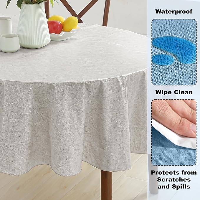 Newbridge Napa Leaf Beige Vinyl Flannel Backed Tablecloth, 60 x 102 Inch Oval, Hotel Quality Waterproof Indoor Outdoor Table Cover for Kitchen, Patio, Dining, BBQ