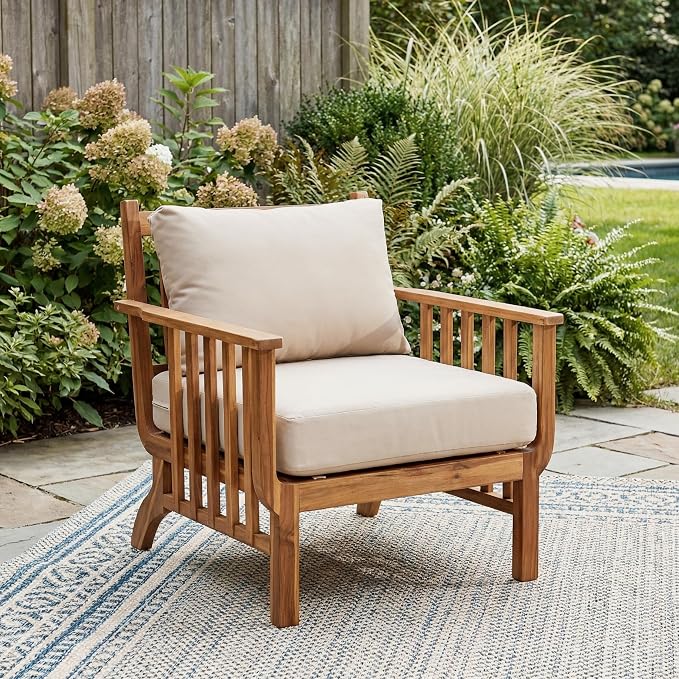 Christopher Knight Home Acacia Wood Outdoor Patio Club Chair, Mid Century Modern Lounge Chair with Armrests, Cushions & Back Pillow, Deep Seating Accent Chairs for Porch Balcony Garden, Natural+Beige