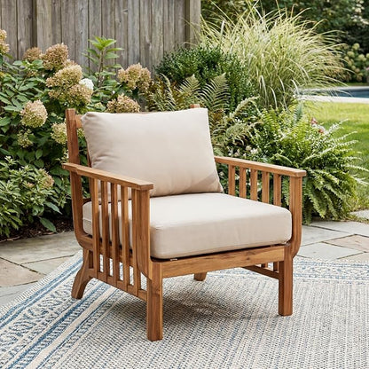 Christopher Knight Home Acacia Wood Outdoor Patio Club Chair, Mid Century Modern Lounge Chair with Armrests, Cushions & Back Pillow, Deep Seating Accent Chairs for Porch Balcony Garden, Natural+Beige