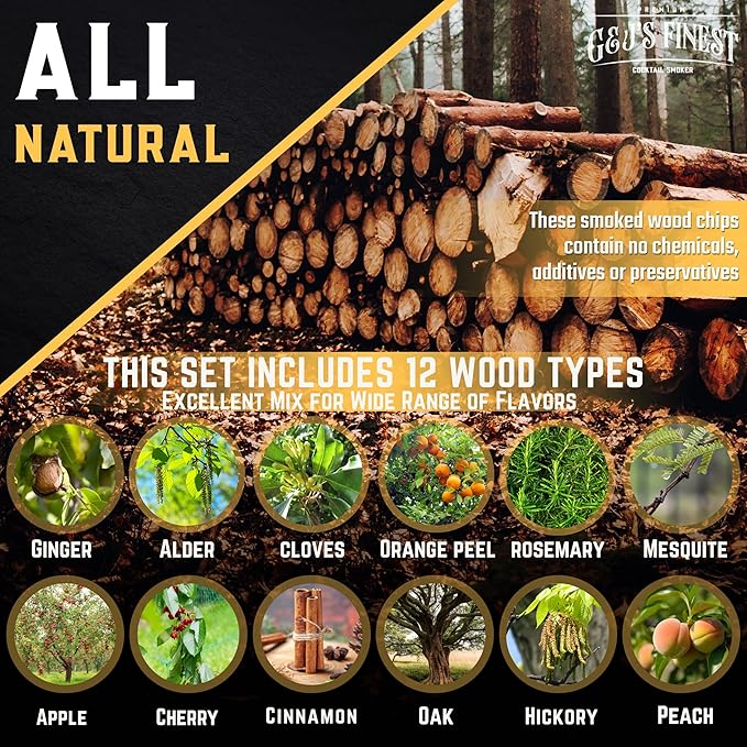 12 Wood chips for Cocktail Smoker/Smoke Gun| Woodchips for Smoking Whiskey/Bourbon/Old Fashioned| Cherry, Apple, Oak, Hickory, Cinnamon, Ginger, Orange Peel, Cloves, Alder, Peach, Rosemary, Mesquite