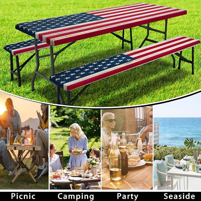 American Flag Picnic Table Cover with Bench Covers, Waterproof Windproof Oilproof, Camping Essentials, Fitted Tablecloth Cover with Elastic Edge, for Indoor & Outdoor, Garden, 3 Pieces Set, 30x72 Inch