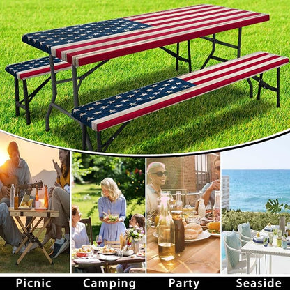 American Flag Picnic Table Cover with Bench Covers, Waterproof Windproof Oilproof, Camping Essentials, Fitted Tablecloth Cover with Elastic Edge, for Indoor & Outdoor, Garden, 3 Pieces Set, 30x72 Inch