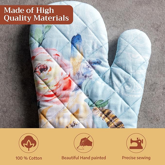 Maison d'Hermine Oven Gloves 100% Cotton Oven Mitt 7" x 13" with Loop Heat Resistant BBQ Cooking Gloves Baking Grilling Kitchen Hotel Home Farmhouse Spring Summer (Pack of 1, Ibiza - Blue)