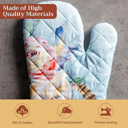 Maison d'Hermine Oven Gloves 100% Cotton Oven Mitt 7" x 13" with Loop Heat Resistant BBQ Cooking Gloves Baking Grilling Kitchen Hotel Home Farmhouse Spring Summer (Pack of 1, Ibiza - Blue)