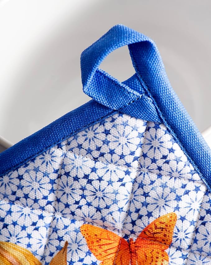 Maison d' Hermine Pot Holders 100% Cotton Heat Resistant Potholders 8" x 8" Hot Pads with Loop BBQ Cooking Baking Hotel Farmhouse Kitchen Handling Hot Pans Spring Summer (Pack of 2, Passiflora)