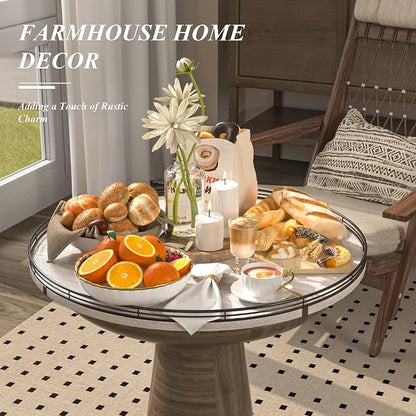 AMH 24-Inch Whitewashed Farmhouse Wooden Lazy Susan Organizer | Smooth rotating oak tray with walnut finish for dining tables, kitchen counters, pantries and cabinet storage.