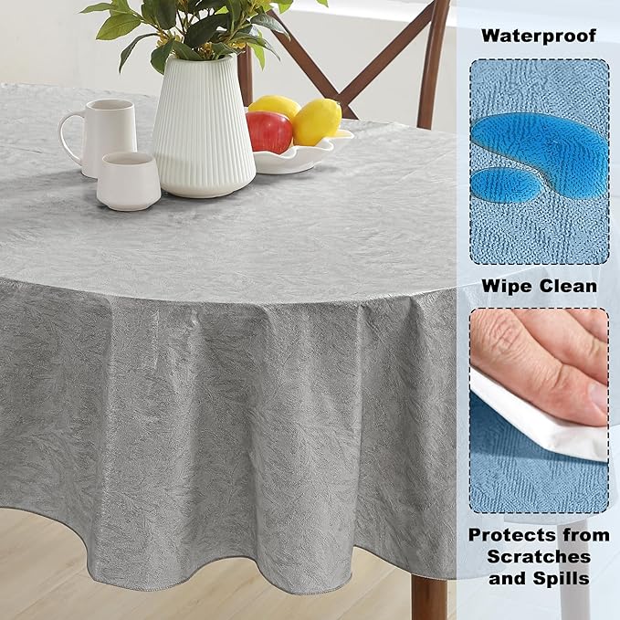 Newbridge Napa Leaf Grey Vinyl Flannel Backed Tablecloth, 60 x 84 Inch Oval, Hotel Quality Waterproof Indoor Outdoor Table Cover for Kitchen, Patio, Dining, BBQ