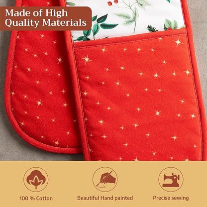 Maison d' Hermine Double Oven Mitt (7" x 35") 100% Cotton Heat Resistant BBQ Cooking Gloves with Loop for Thanksgiving Christmas Decorations Baking Cooking Barbeque Handling Hot Pan (Noel)