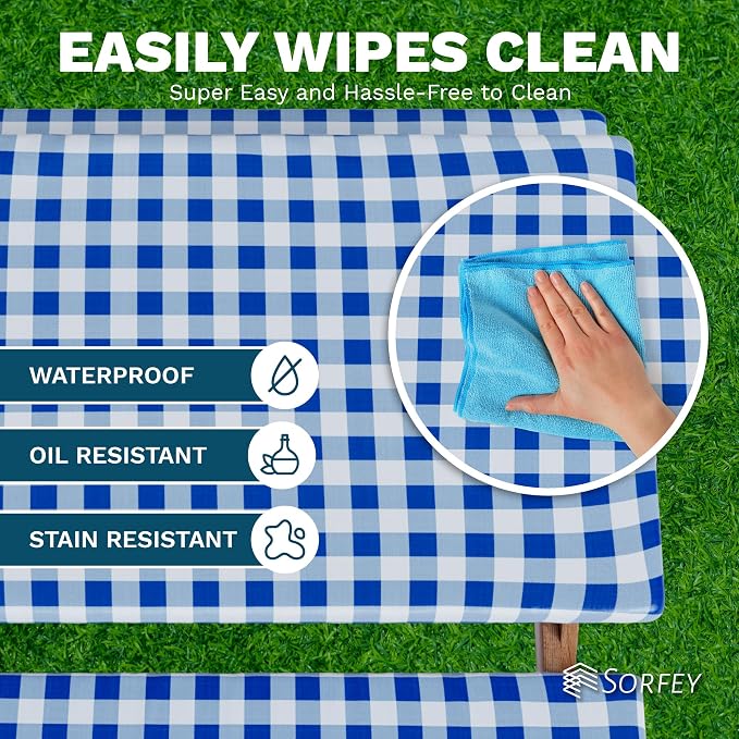 Picnic Table Cover with Bench Covers -Fitted with Elastic, Vinyl with Flannel Back, Fits for Table 30"x 96" Rectangle,Water Proof, Checked Burgundy Design