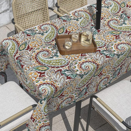Outdoor Rectangle Tablecloth, 60×84 Inch Water Repellent Picnic Table Cover with Umbrella Hole Zipper for Patio Family Meal, Paisley Chilli
