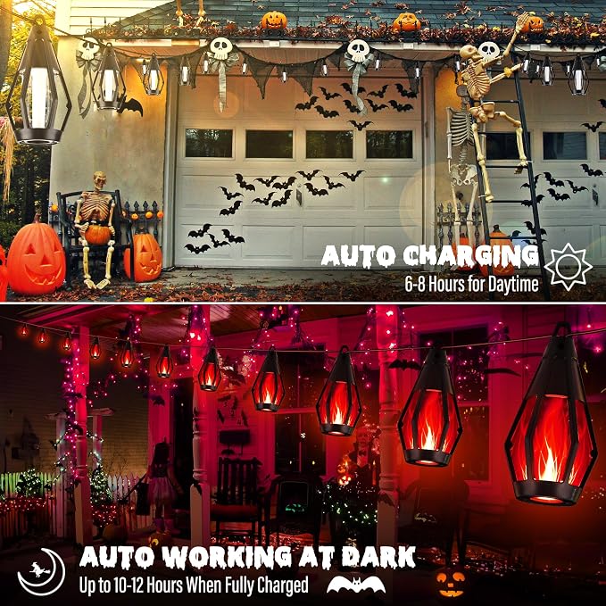iBaycon 27FT 10 LED Solar Flame Halloween String Lights Outdoor, Red | Ultra-Real Flickering Flame Lamp Outdoor Waterproof, Solar Patio String Lights for Garden Yard Lawn Halloween Decorations