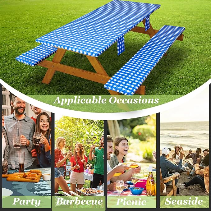 Fitted Picnic Table Cover with Bench Covers Waterproof Elastic Edges Rectangle Patio Tablecloth Outdoor Camping Essentials Stuff Rv Accessories Summer Trip Travel Supplies Party Camper Gifts, 8 ft