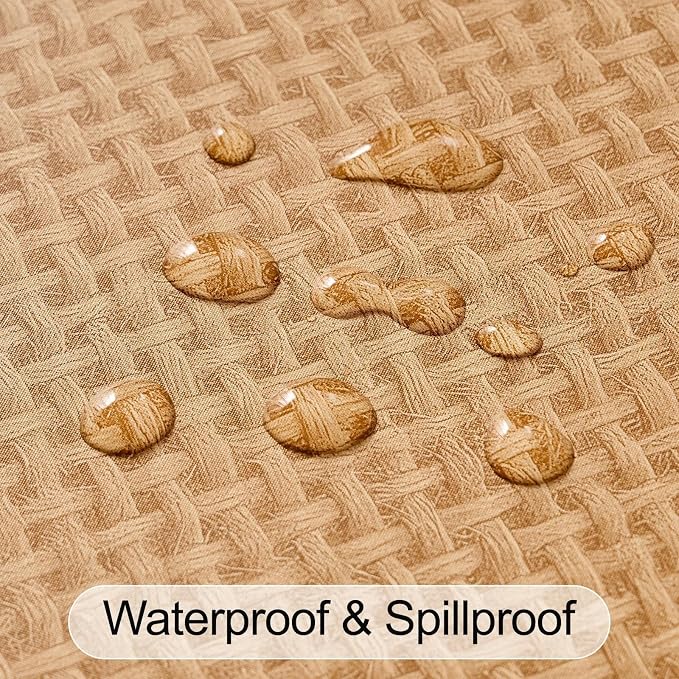 LIBERECOO Round Fitted Tablecloth with Elastic, Waterproof Vinyl with Flannel Backing, Plain Weaves Pattern Wipeable Plastic Table Cloth for Kitchen and Dining Room, Fits 45"-56" Round