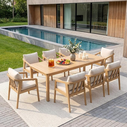Wisteria Lane 9-Pieces Acacia Patio Table and Chairs Set for 8, Outdoor Dining Set with Umbrella Hole Table, Modern Patio Table Set with Cushion, Patio Furniture Set for Backyard Deck Garden Porch