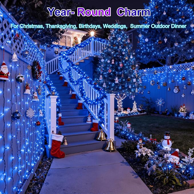 750 LED 240FT Christmas Lights, 12 Modes Christmas String Lights, Plug-In | Blue String Lights with Timer, Dimming and Green Wire for Large Trees, Patios, Fences and Porches