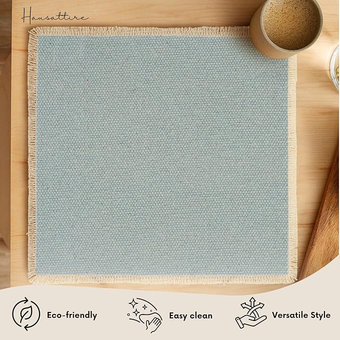Hausattire Cotton Frayed Placemats Set of 6 Dining Table 14x14 Inch | Rustic Vintage Boho Washable Easter Placemat for Outdoor Parties BBQ's Wedding, Holiday, Special Occasions, Nubby Cotton - Blue