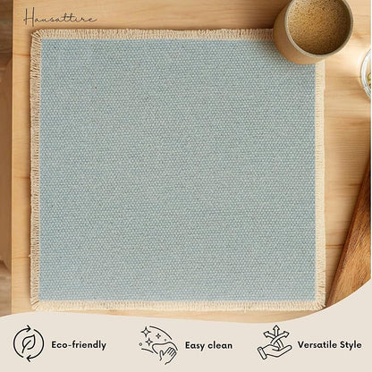 Hausattire Cotton Frayed Placemats Set of 6 Dining Table 14x14 Inch | Rustic Vintage Boho Washable Easter Placemat for Outdoor Parties BBQ's Wedding, Holiday, Special Occasions, Nubby Cotton - Blue