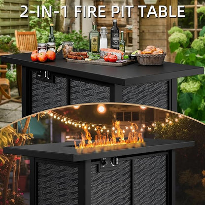 43" Propane Fire Pit Table with Glass Wind Guard & Lid, 50,000 BTU Outdoor Gas Fireplace, Weather-Resistant, Smokeless 2-in-1 Rectangular Coffee Table for Patio Garden