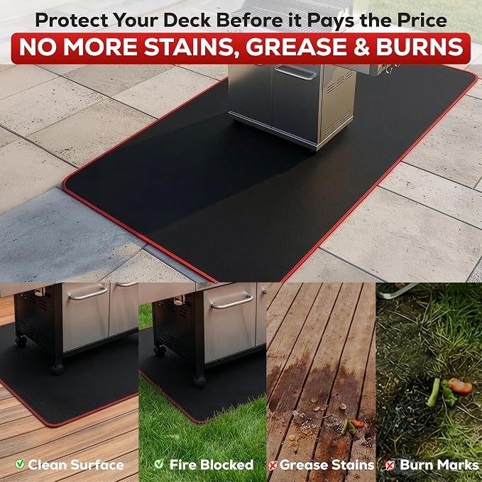 Fireproof Grill Mat for Outdoor Grill, 65*48” with Smart Reflective Border | BBQ Mat for Under Grill Made with Premium Silicon Fiberglass, Oil & Waterproof, Catches Greases & Protect Patio, Deck & Lawn