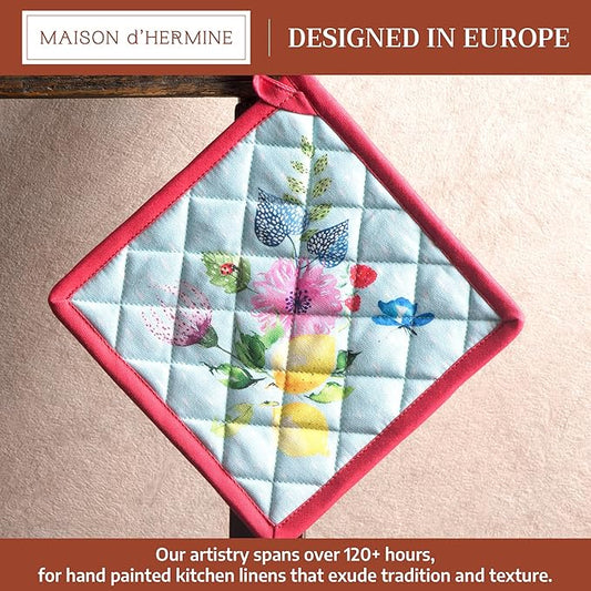 Maison d' Hermine Pot Holders 100% Cotton Heat Resistant Potholders 8" x 8" Hot Pads with Loop BBQ Baking Hotel Farmhouse Kitchen Handling Hot Pans Spring Summer (Pack of 1, Jardin D'Ete - Mint)