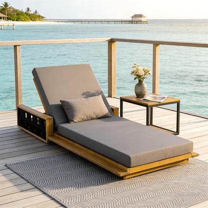Merax Outdoor Chaise Lounge with 4-Position Adjustable Backrest, Acacia Wood Sunbathing Recliner Chair & 4" Thick Double-fold Cushion for Poolside, Garden, Backyard, Patio, Dark Gray