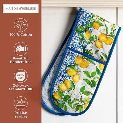 Maison d' Hermine Double Oven Mitts 100% Cotton 7"x35" Double Oven Mitt Heat Resistant BBQ Cooking Gloves with Loop Baking Grilling Kitchen Hotel Home Farmhouse Spring Summer (Cedrat)