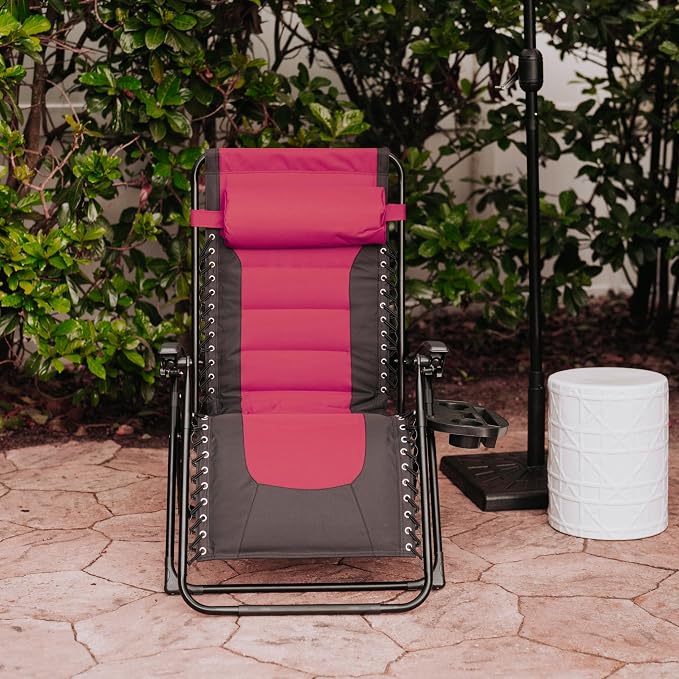 Backyard Expressions Deluxe XL Padded Recliner Zero Gravity Chair – Ergonomic Anti-Gravity Lounger with Folding Design, Side Tray, and Adjustable Headrest