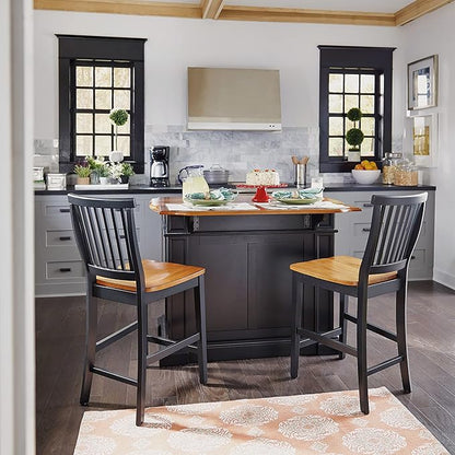 Home Styles Large Kitchen Island Set with Two Matching Stationary Slat back Stools with Antique Black finish and Distressed Oak Top, Extendable Breakfast Bar, Open Storage and Shelves and Drawers