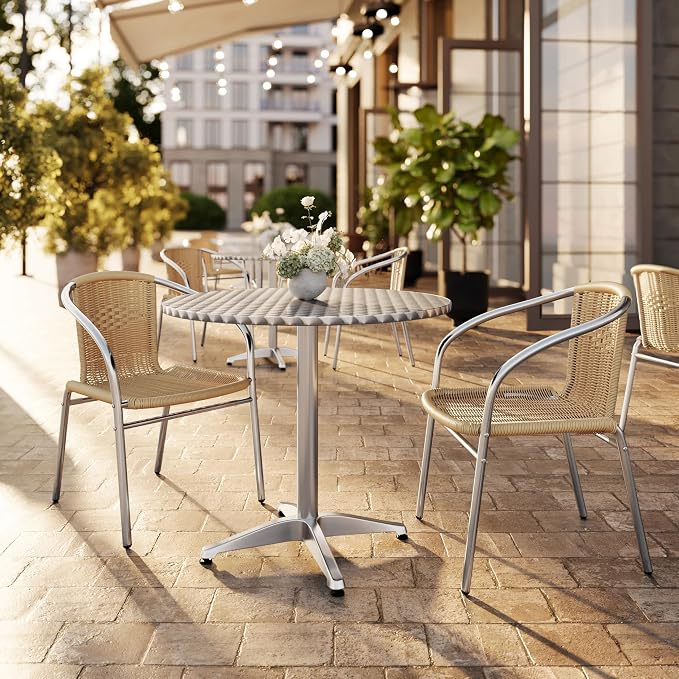 Flash Furniture Lila 31.5'' Round Aluminum Indoor-Outdoor Table Set with 2 Beige Rattan Chairs | Indoor/Outdoor Use, Beige Rattan Chairs