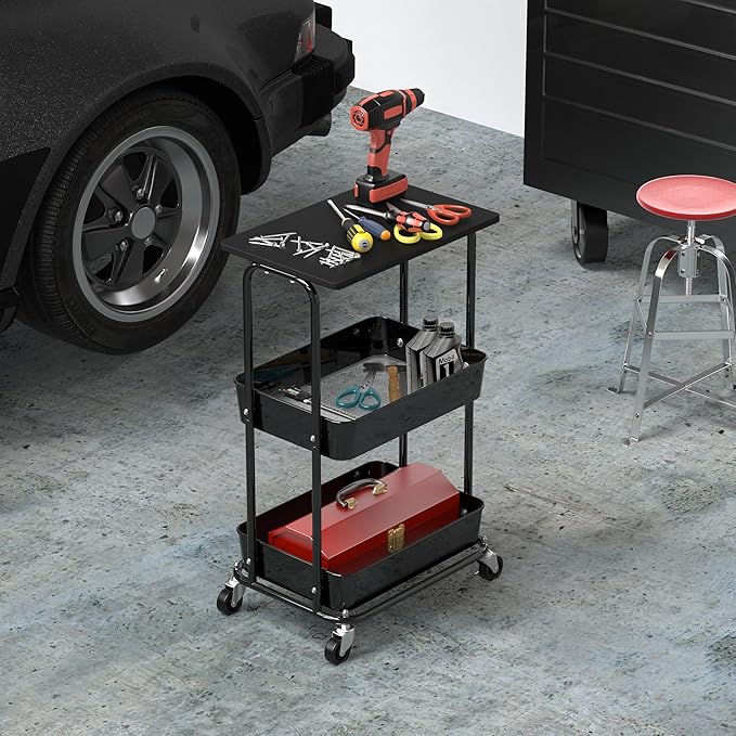 Simple Houseware 2-Tier Rolling Utility Cart Wood Top/Lockable Wheel, Black | Metal Storage Organizer Trolley for Kitchen, Bathroom, Office, Craft Room