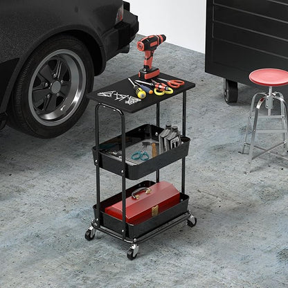 Simple Houseware 2-Tier Rolling Utility Cart Wood Top/Lockable Wheel, Black | Metal Storage Organizer Trolley for Kitchen, Bathroom, Office, Craft Room