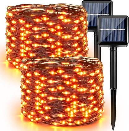 Brizled Solar Orange Fairy Lights, Outdoor Twinkle Halloween LED Lights | 2 Pack Total 78FT 240 LED; Black Wire; 8 Mode; Waterproof; Orange Fall String Light for Outside Party Tree Fence Garden Decor