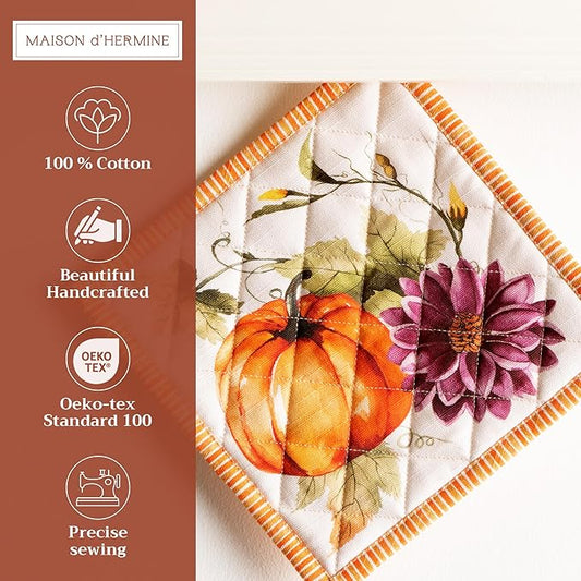 Maison d' Hermine Pot Holders 100% Cotton Heat Resistant Potholders 8" x 8" Hot Pads with Loop for Thanksgiving Christmas Decoration Baking Handling Hot Pans (Pack of 1, Pumpkin Garden - Cloudy Cream)