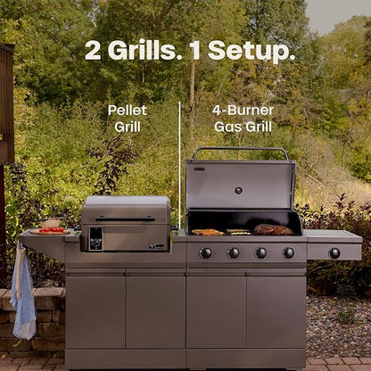 Tytus Anaheim 4-Burner Gas Grill with Prep Cart and Pellet Smoker Grill + Cover - Modular Outdoor Kitchen, Quick Assembly, Outdoor Cooking, Kitchen Island for BBQ