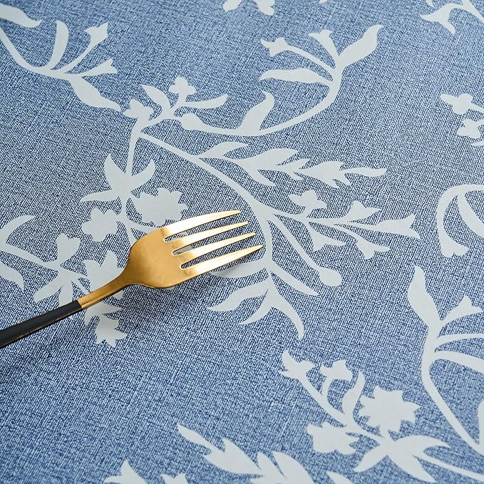 LIBERECOO Vinyl Tablecloth with Flannel Backing –Indigo Botanical Charm, Waterproof, Wipeable, Durable Table Cover – 4 Colors