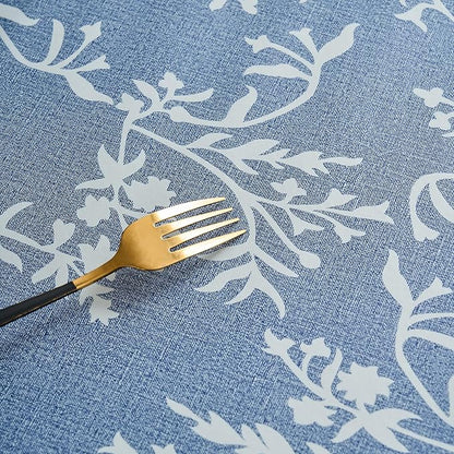 LIBERECOO Vinyl Tablecloth with Flannel Backing –Indigo Botanical Charm, Waterproof, Wipeable, Durable Table Cover – 4 Colors