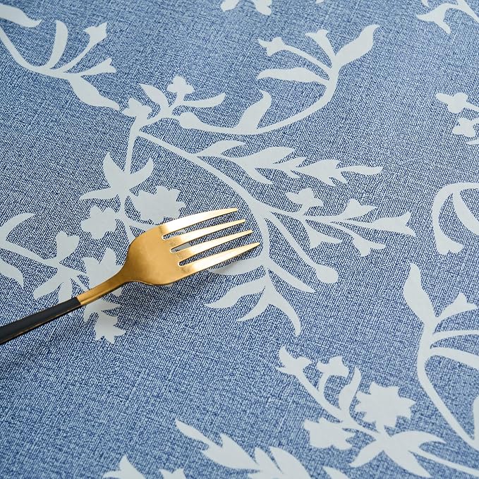 LIBERECOO Vinyl Tablecloth with Flannel Backing –Indigo Botanical Charm, Waterproof, Wipeable, Durable Table Cover – 4 Colors