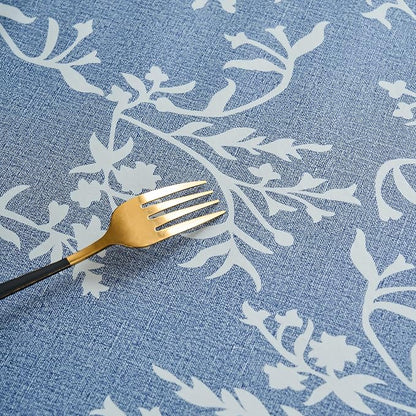 LIBERECOO Vinyl Tablecloth with Flannel Backing –Indigo Botanical Charm, Waterproof, Wipeable, Durable Table Cover – 4 Colors
