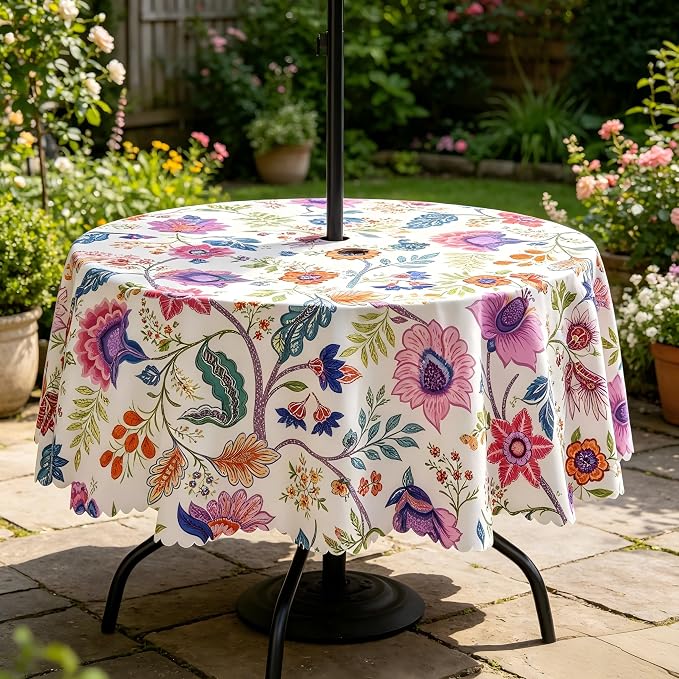 60 Inch Outdoor Round Tablecloth with Umbrella Hole and Zipper, Spillproof Wrinkler-Free Paisley Patio Table Cover for Spring Summer Backyard Party BBQ Decor