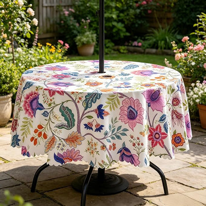 60 Inch Outdoor Round Tablecloth with Umbrella Hole and Zipper, Spillproof Wrinkler-Free Paisley Patio Table Cover for Spring Summer Backyard Party BBQ Decor